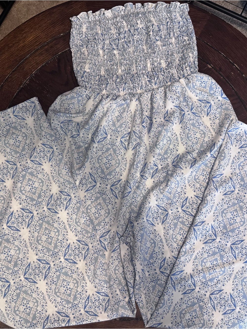 Women’s Smocked Blue Tile-Print Strapless Baby Doll Jumpsuit ex M